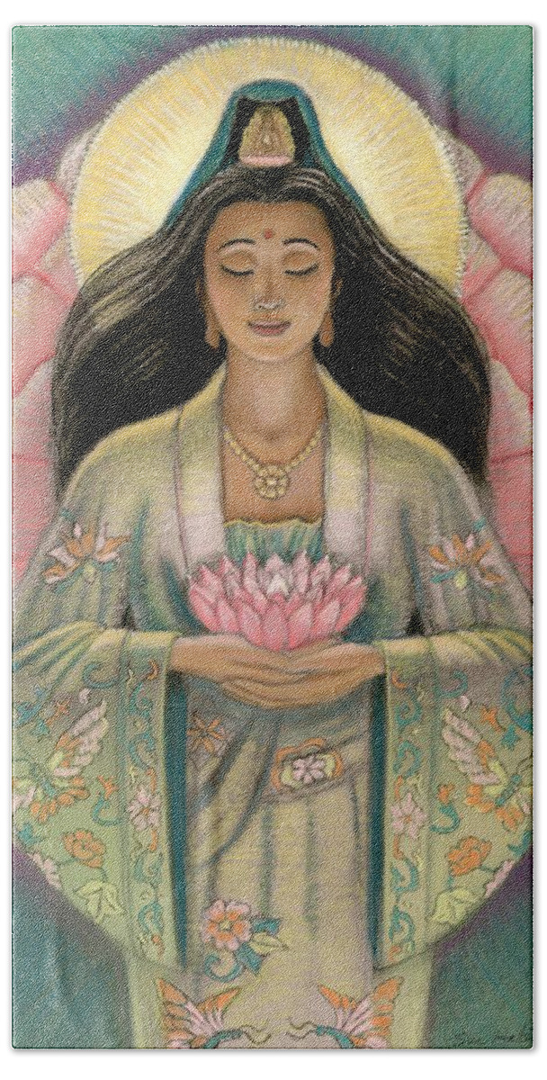 Kuan Yin Bath Sheet featuring the painting Kuan Yin Pink Lotus Heart by Sue Halstenberg