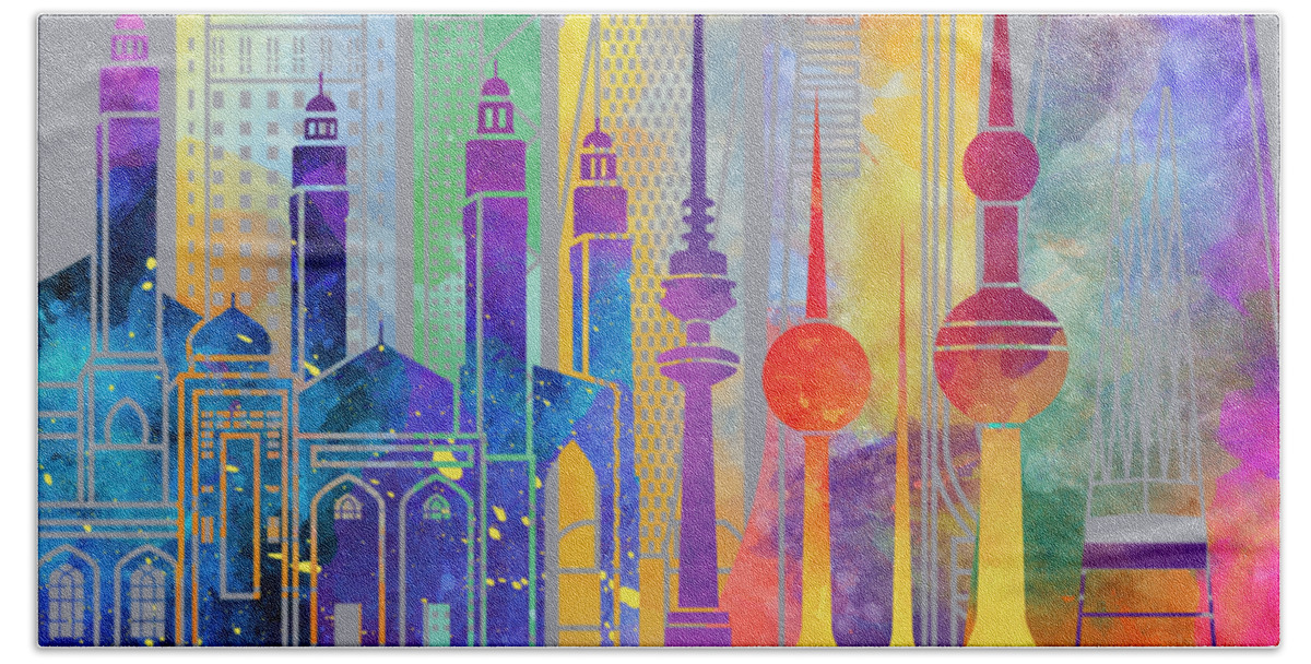 Asia Bath Towel featuring the painting Kuwait city landmarks watercolor poster by Pablo Romero