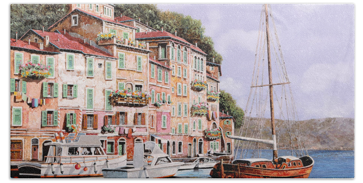 Landscape Bath Towel featuring the painting la barca rossa a Portofino by Guido Borelli