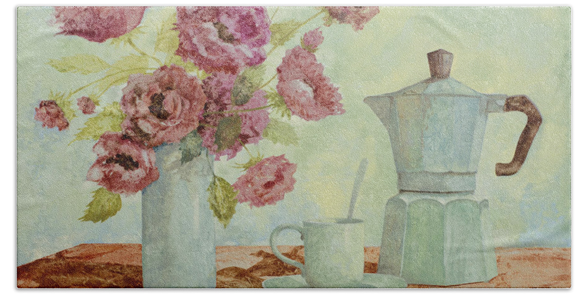 Breakfast Hand Towel featuring the painting La Caffettiera E I Fiori Amaranto by Guido Borelli