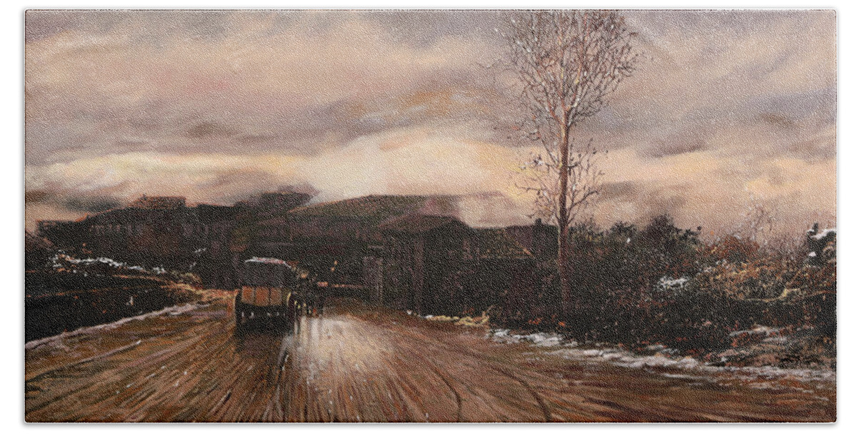  Snow Hand Towel featuring the painting La Diligenza by Guido Borelli