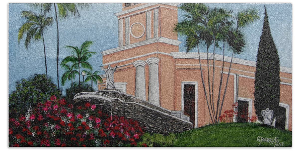 Church Bath Towel featuring the painting La Monserrate by Gloria E Barreto-Rodriguez