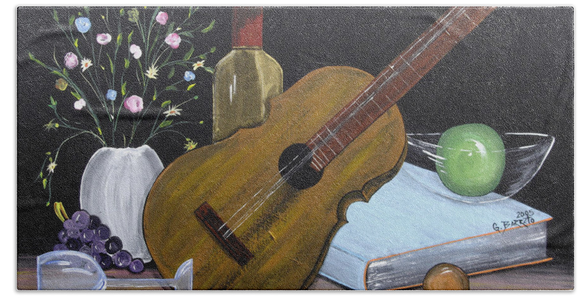 Cuatro Bath Towel featuring the painting La Musica Por Dentro by Gloria E Barreto-Rodriguez