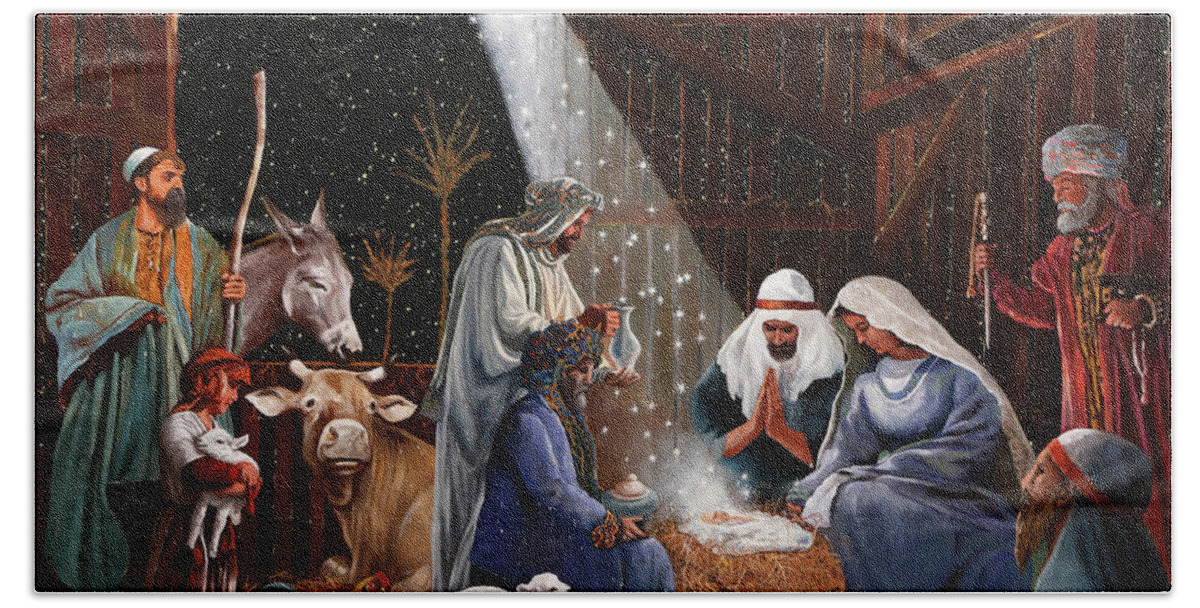 Nativity Hand Towel featuring the painting La Nativita' by Guido Borelli