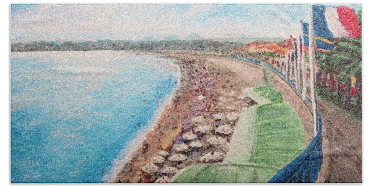 France Bath Towel featuring the painting La Plage et Promenade des Anglais, Nice, France by C E Dill