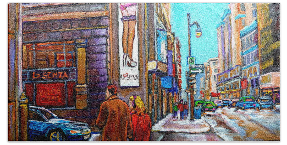 Montreal Bath Towel featuring the painting La Senza Lingerie Rue Stanley Downtown Montreal Landmark Montreal Carole Spandau by Carole Spandau