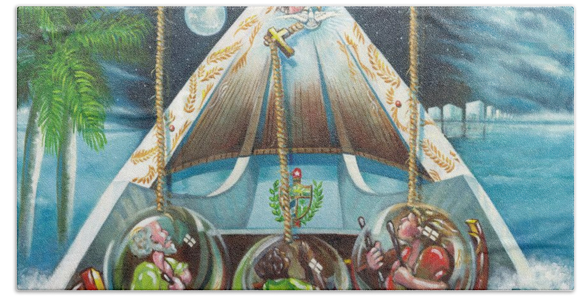 Ermita De La Caridad Hand Towel featuring the painting La Virgen de la Caridad del Cobre en Miami by Roger Calle