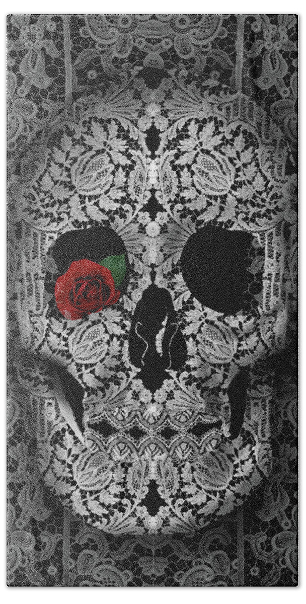 Skull Bath Towel featuring the painting Lace Skull Black by Bekim M
