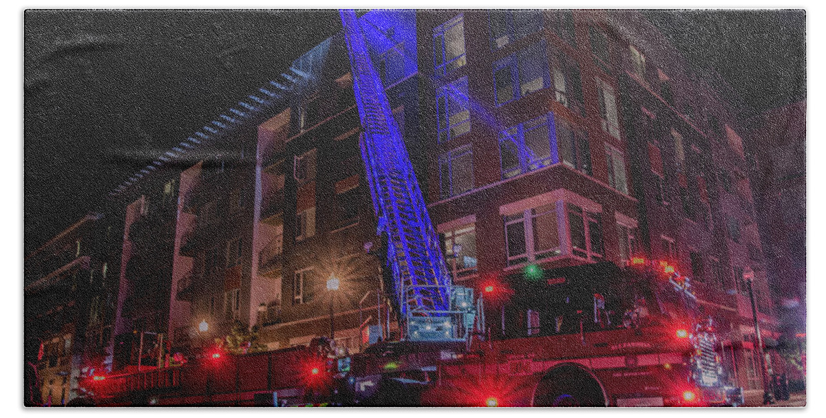 2016 Bath Towel featuring the photograph Ladder Truck Deployed at Night by Jeff at JSJ Photography