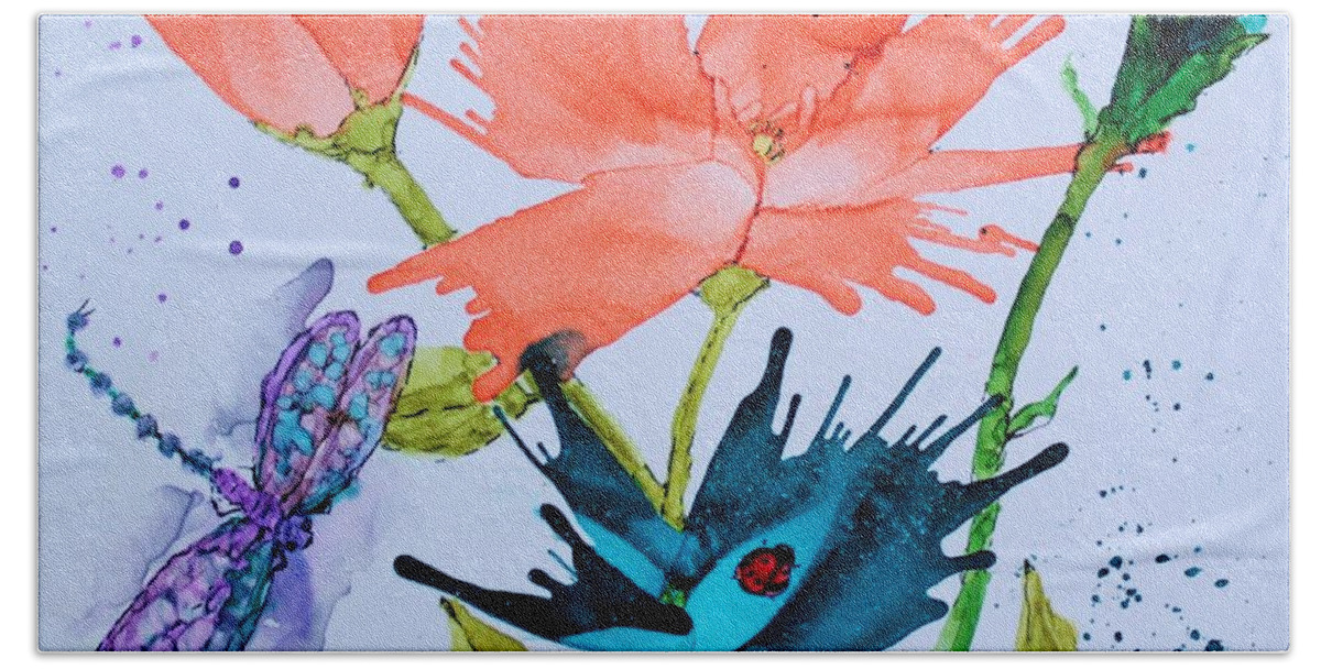 Lady Bug Bath Towel featuring the painting Lady Bug and Dragonfly by Marcia Breznay