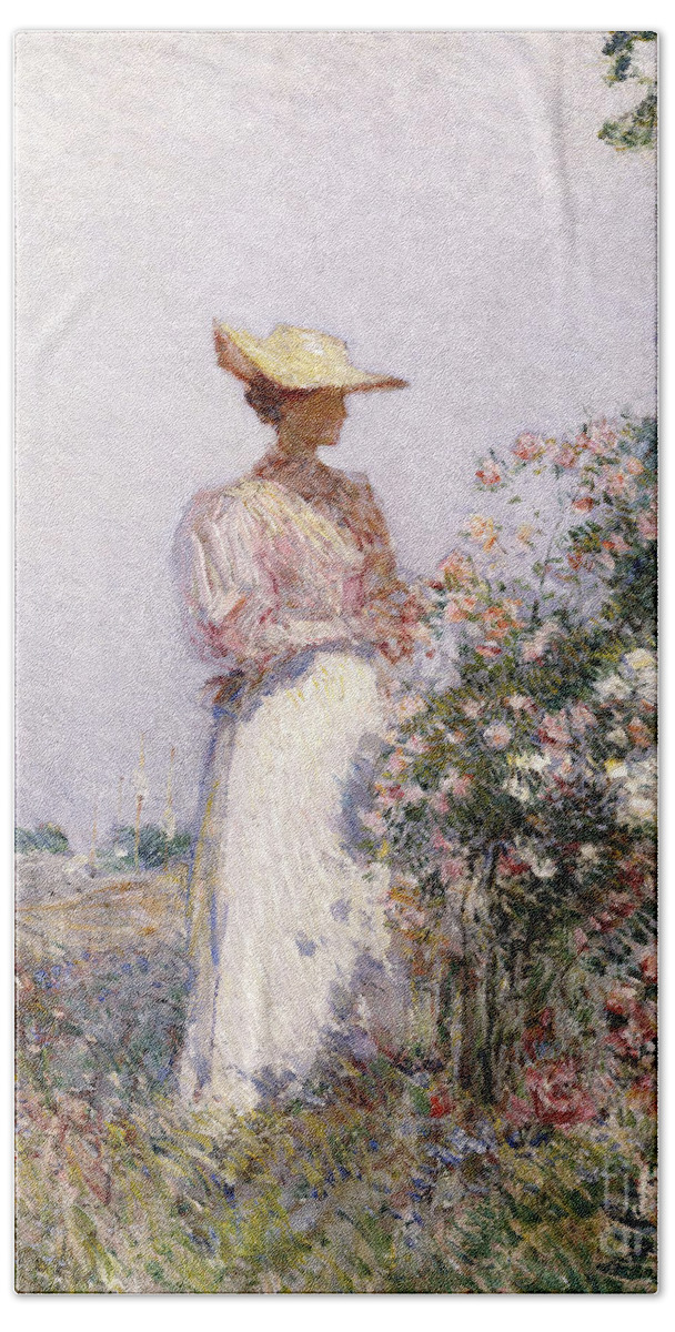 Childe Bath Towel featuring the painting Lady in Flower Garden by Childe Hassam