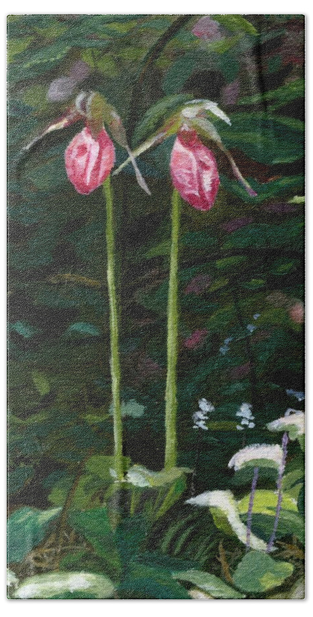 Lady Slipper Bath Towel featuring the painting Lady Slipper by Lynne Reichhart