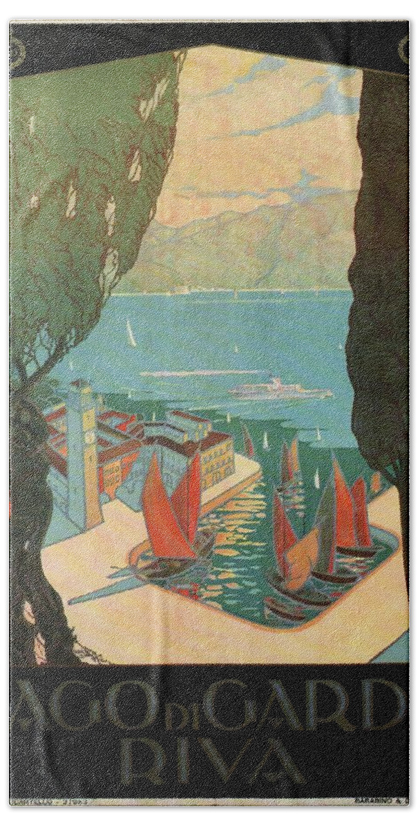 Lago Di Garda Bath Sheet featuring the mixed media Lago Di Garda Riva, Italy - Lake Garda - Retro travel Poster - Vintage Poster by Studio Grafiikka