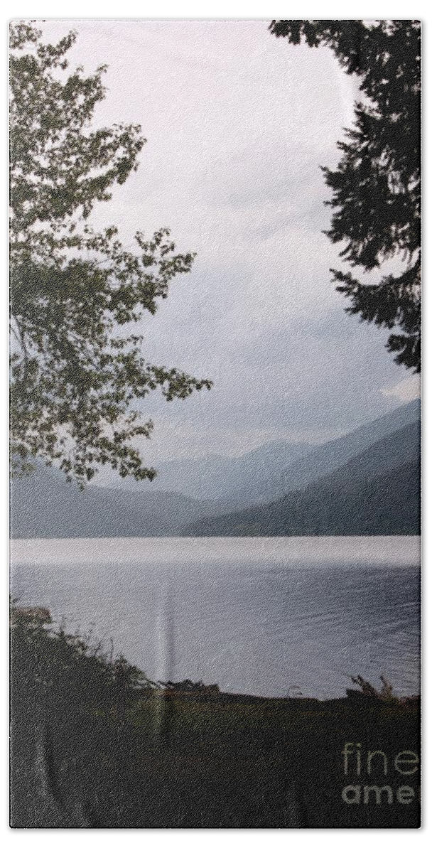 Lake Crescent Bath Towel featuring the photograph Lake Crescent through the Trees by Carol Groenen