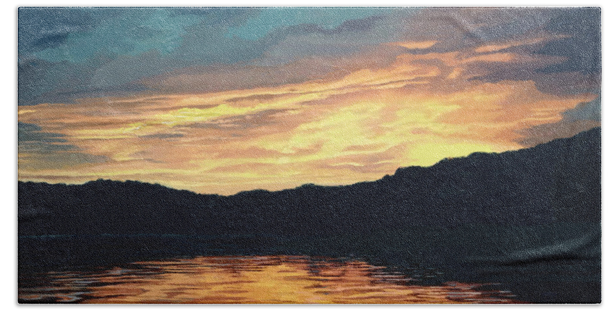 Landscape Hand Towel featuring the painting Lake Effects Sunset in Yellow and Orange by Jackie Case