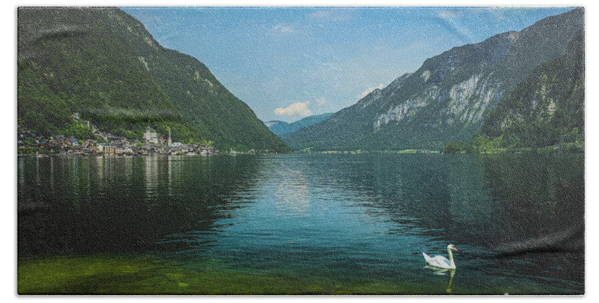 Animal Hand Towel featuring the photograph Lake Hallstatt Swans by Andy Konieczny