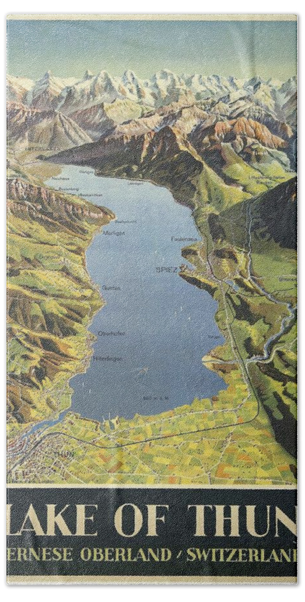 Lake Of Thun Hand Towel featuring the painting Lake of Thun, Switzerland - Vintage Travel Poster - Landscape Illustration by Studio Grafiikka