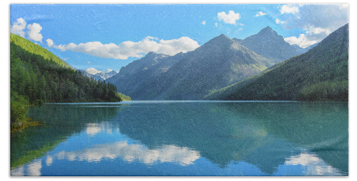 Russian Artists New Wave Bath Towel featuring the photograph Lake Reflections. Altai Mountains by Victor Kovchin