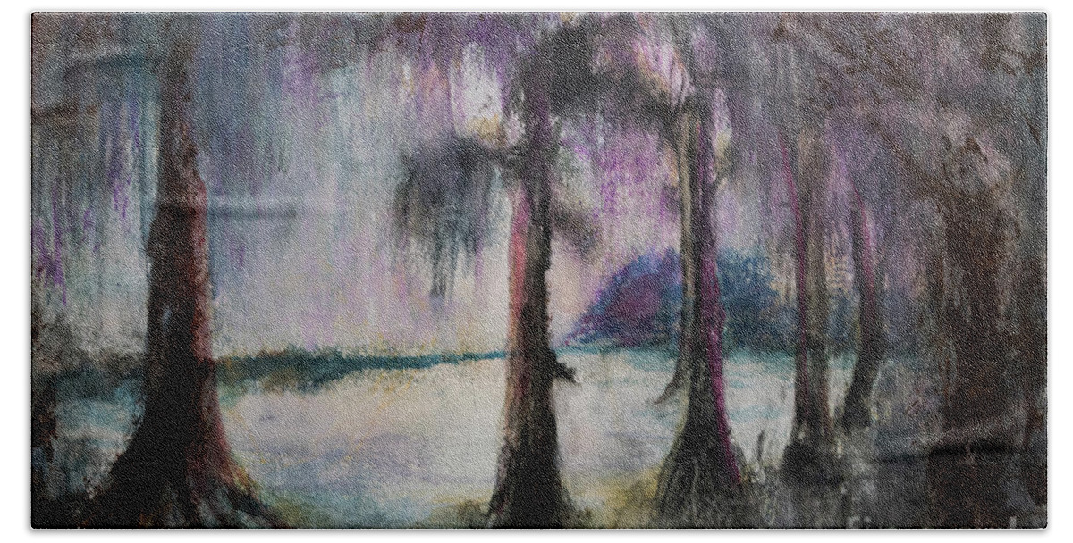 Landscape Hand Towel featuring the painting Lake Verret banks by Francelle Theriot