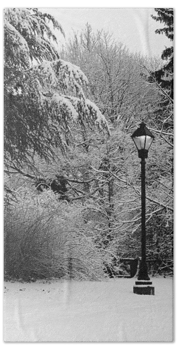 Lamp Post Bath Towel featuring the photograph Lamp Post in Winter - B/W by William Selander