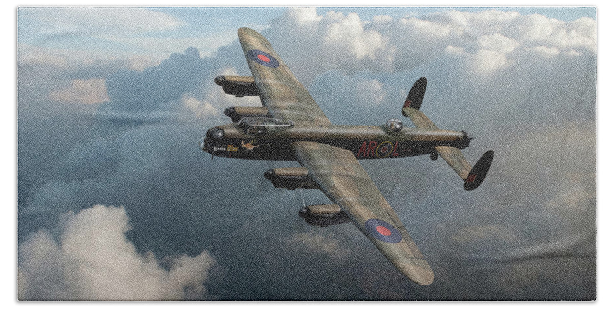460 Squadron Raaf Bath Towel featuring the photograph Lancaster W5005 AR-L Leader above clouds by Gary Eason