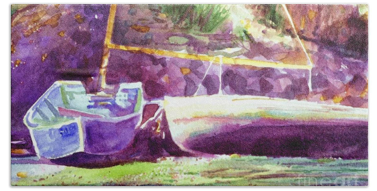 Cynthia Pride Watercolor Paintings Hand Towel featuring the painting Landed Boats by Cynthia Pride