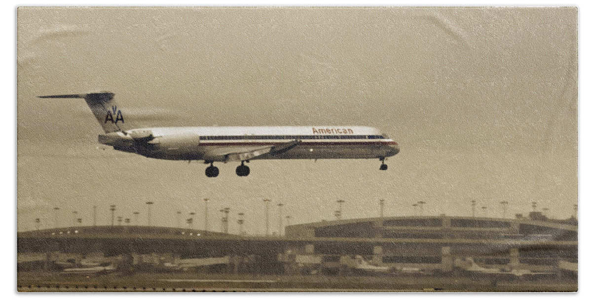 American Airlines-the Mcdonnell Douglas Md-81/82/83/88 Hand Towel featuring the photograph Landing at DFW Airport by Douglas Barnard