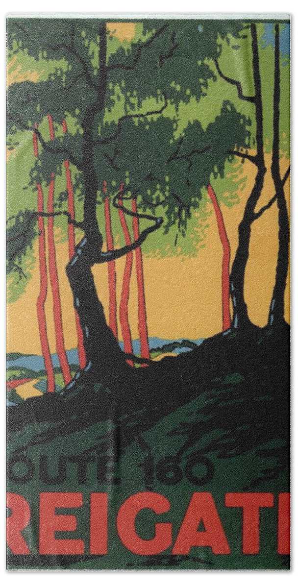 Reigate Hand Towel featuring the painting Landscape Painting of the Woods in Reigate, Surrey - England - Vintage Poster by Studio Grafiikka