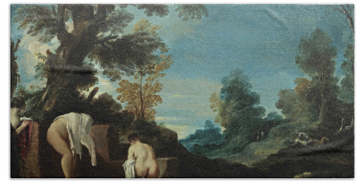Guercino Bath Towel featuring the painting Landscape with Bathing Women by Guercino