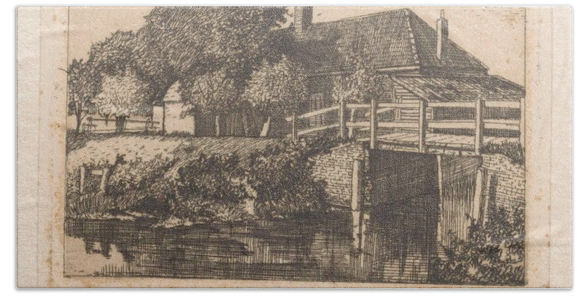 Nature Hand Towel featuring the painting Landscape with farm, bridge and ditch, Johannes Josephus Aarts, 1905 by Johannes Josephus Aarts