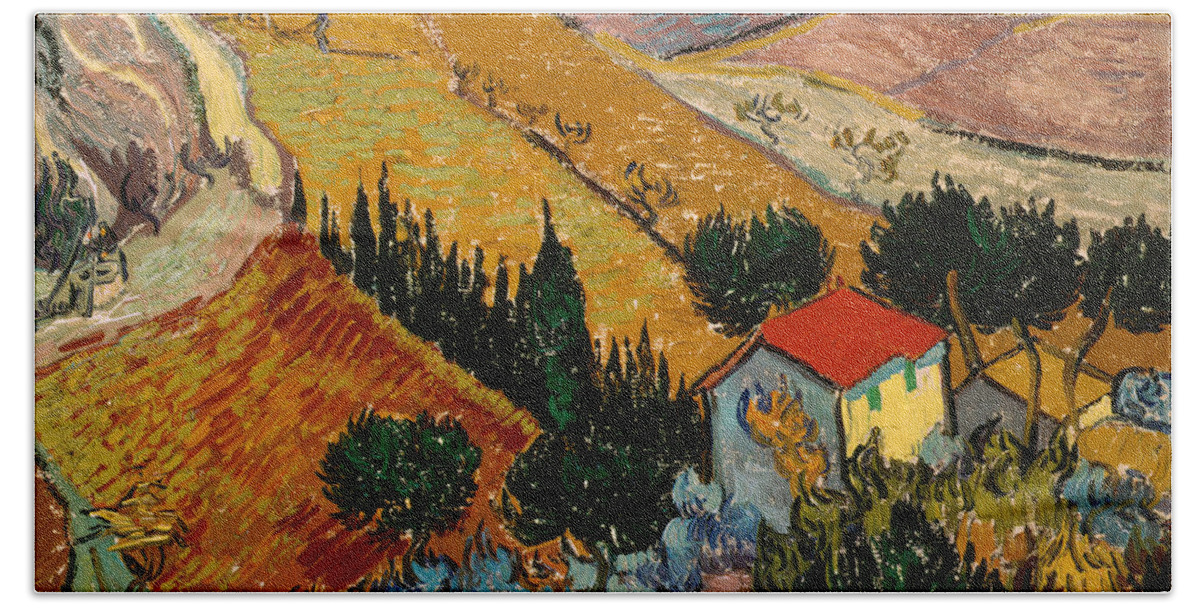 Landscape Bath Sheet featuring the painting Landscape with House and Ploughman by Vincent Van Gogh