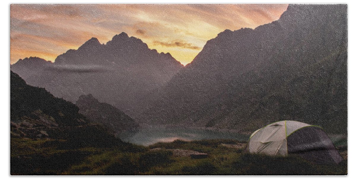 Tent Hand Towel featuring the photograph Landscape with my camping tent at sunset by Nicola Aristolao
