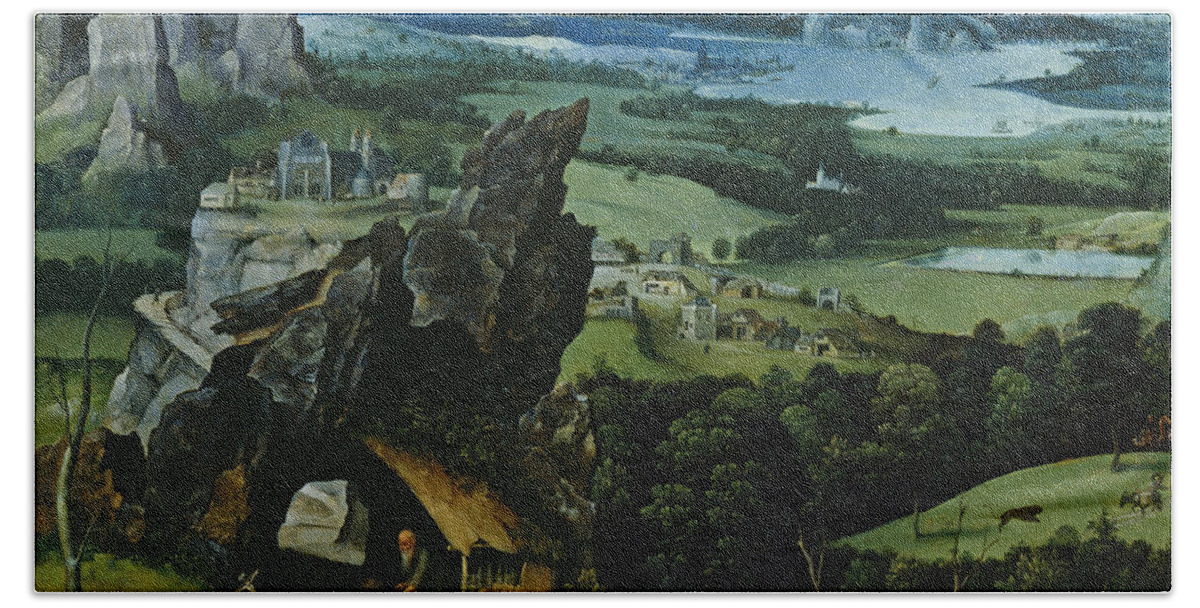 Joachim Patinir Bath Towel featuring the painting Landscape with Saint Jerome by Joachim Patinir