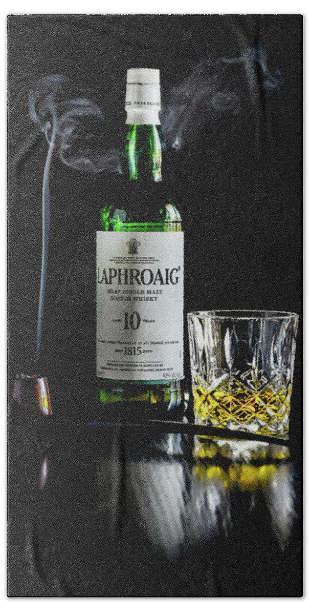 Laphroaig Hand Towel featuring the photograph Whiskey and Smoke by Adam Reinhart