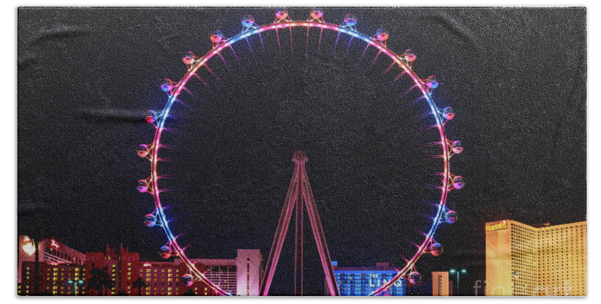 High Roller Las Vegas Bath Towel featuring the photograph Las Vegas High Roller at Night Multi Colors by Aloha Art