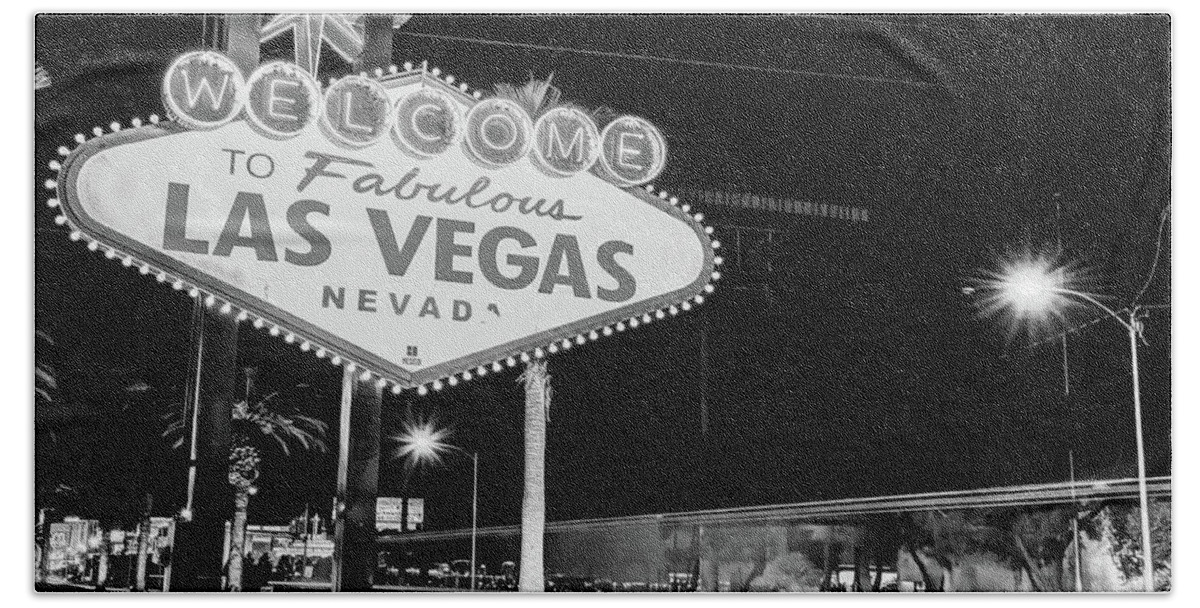 America Bath Towel featuring the photograph Las Vegas Welcome Sign Lights in Black and White by Gregory Ballos