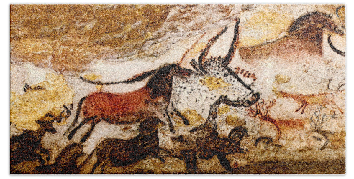 Lascaux Hand Towel featuring the digital art Lascaux Hall of the Bulls - Horses and Aurochs by Weston Westmoreland