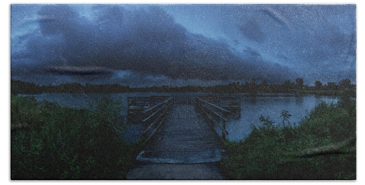 #beautiful #cloud #clouds #dangerous #dock #flooding #hail #heavy Rain #hifromsd #lake #lake Alvin #last Minute #lightning #panorama #rain #roll Cloud #run #scary #severe #sky #south Dakota #storm #sunset #take Shelter #thunder #thunderstorm #usa #water #weather #wide Angle Bath Towel featuring the photograph Last Minute by Aaron J Groen