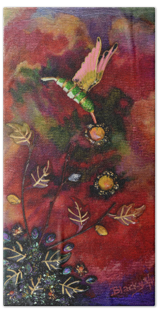 Hummingbird Hand Towel featuring the mixed media Last Nectar Of Autumn by Donna Blackhall