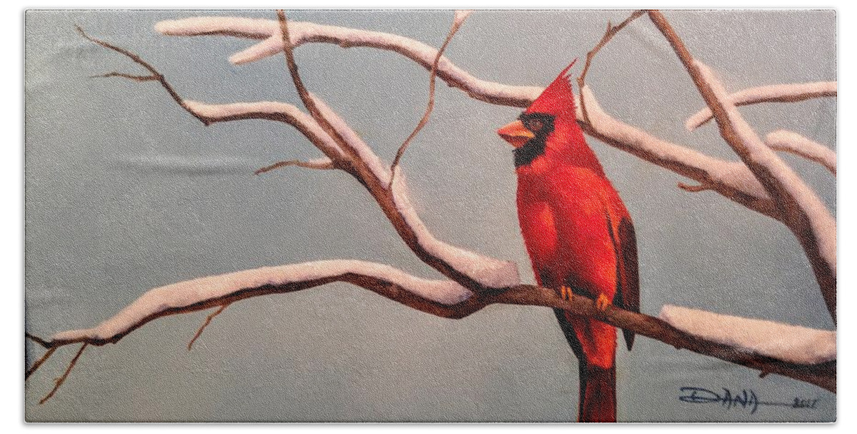 Birds Bath Towel featuring the painting Last snow of winter, Cardinal by Dana Newman