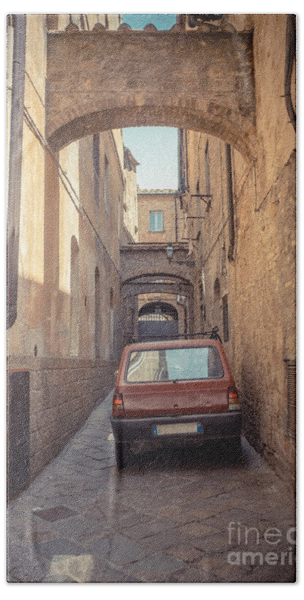 Italy Bath Towel featuring the photograph Late Model Car in Ancient Alley by Edward Fielding