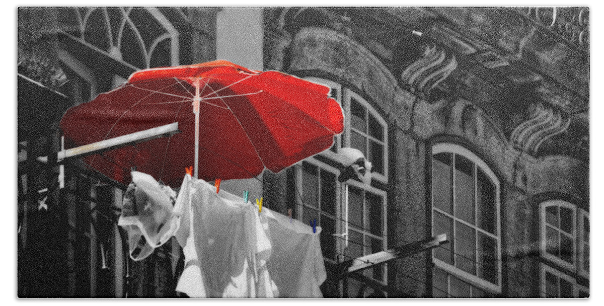 Laundry Bath Towel featuring the photograph Laundry with Red Umbrella in Porto - Portugal by Mary Machare