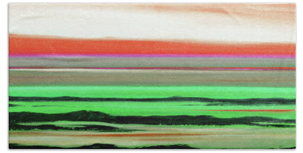 Sunset Bath Towel featuring the painting Lava Rock Abstract Panoramic Sunset in Red and Green by Gina De Gorna