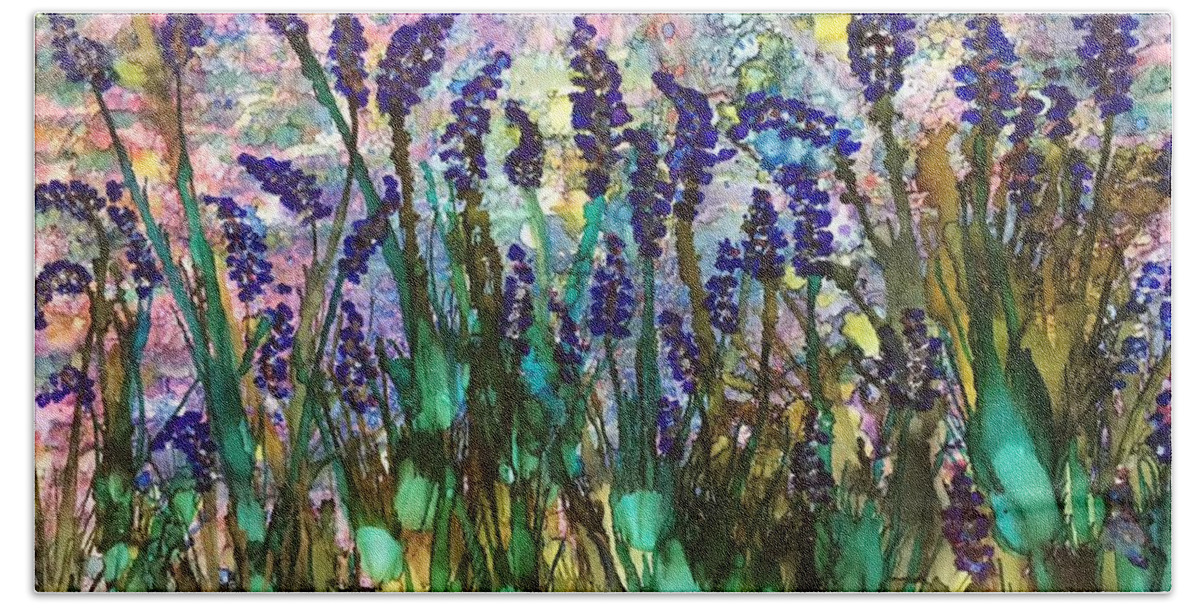 Flower Painting Bath Towel featuring the painting Lavender Fields Forever by Nancy Koehler