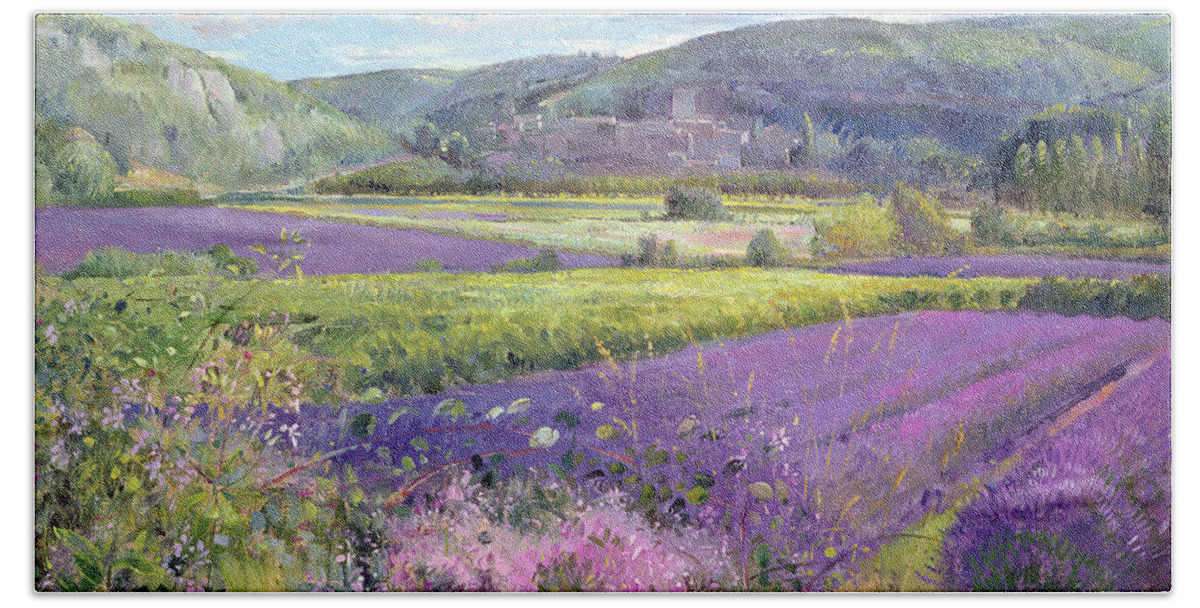 Field; South Of France; French Landscape; Hills; Hill; Landscape; Flower; Flowers Bath Towel featuring the painting Lavender Fields in Old Provence by Timothy Easton