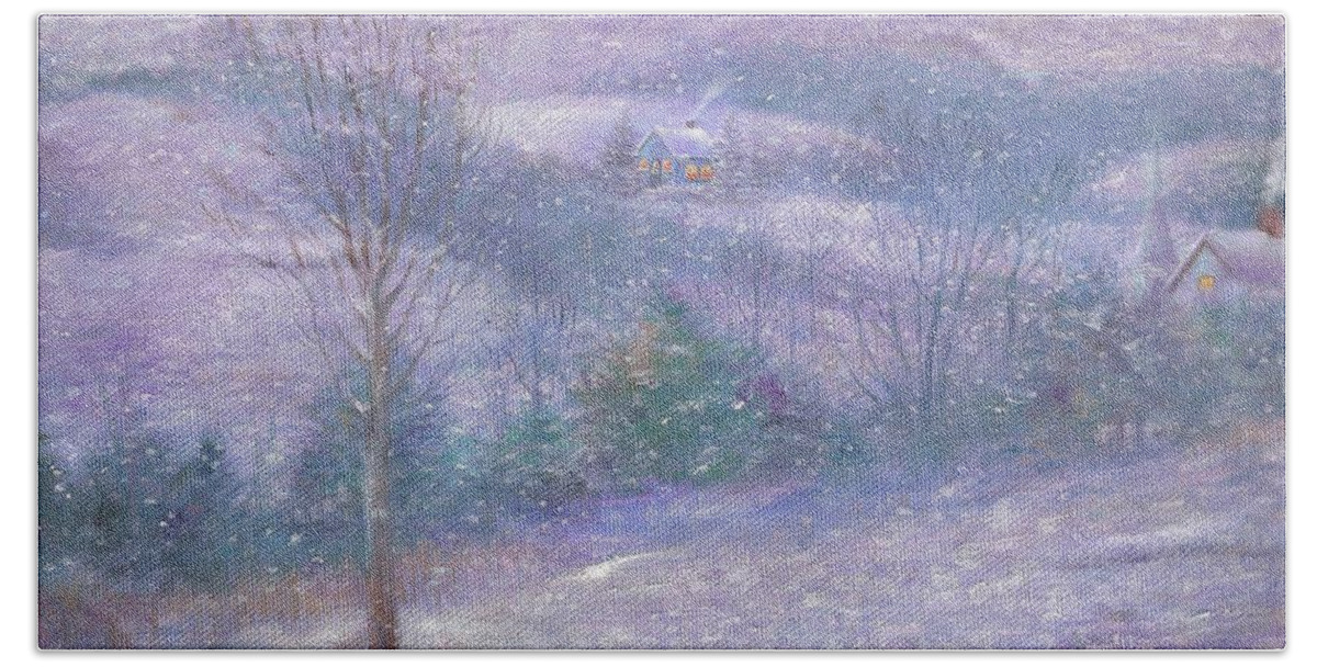 Tonal Style Bath Towel featuring the painting Lavender Impressionist snowscape by Judith Cheng
