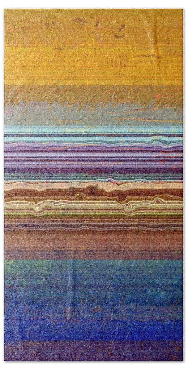 Striped Bath Towel featuring the painting Layers with Orange and Blue by Michelle Calkins