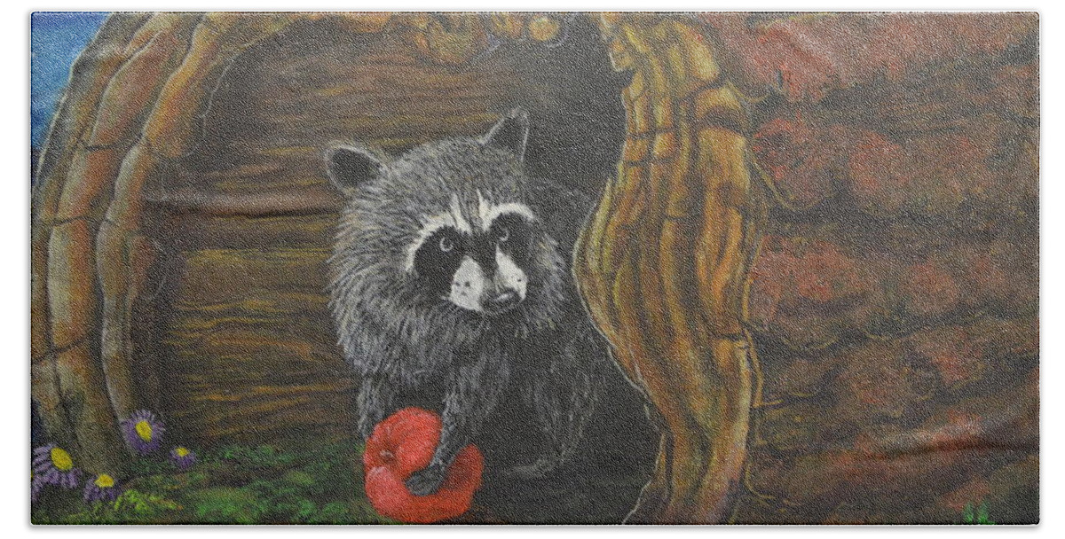 Raccoon Bath Towel featuring the painting Laying Low by Rod B Rainey