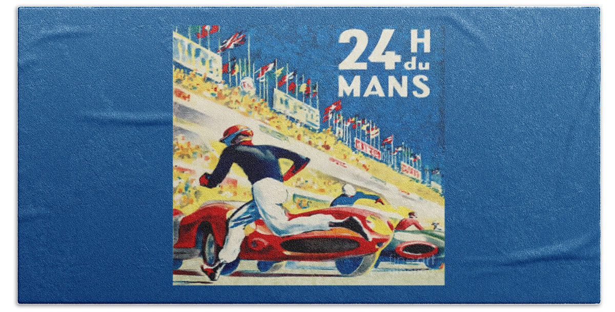 Motor Racing Bath Towel featuring the painting Le Mans 24 Hour Race 1959 Vintage by Ian Gledhill
