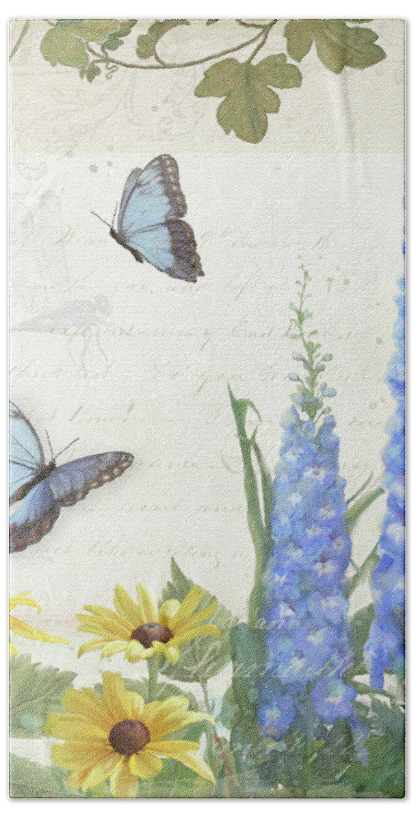 Le Petit Jardin Bath Towel featuring the painting Le Petit Jardin 1 - Garden Floral w Butterflies, Dragonflies, Daisies and Delphinium by Audrey Jeanne Roberts